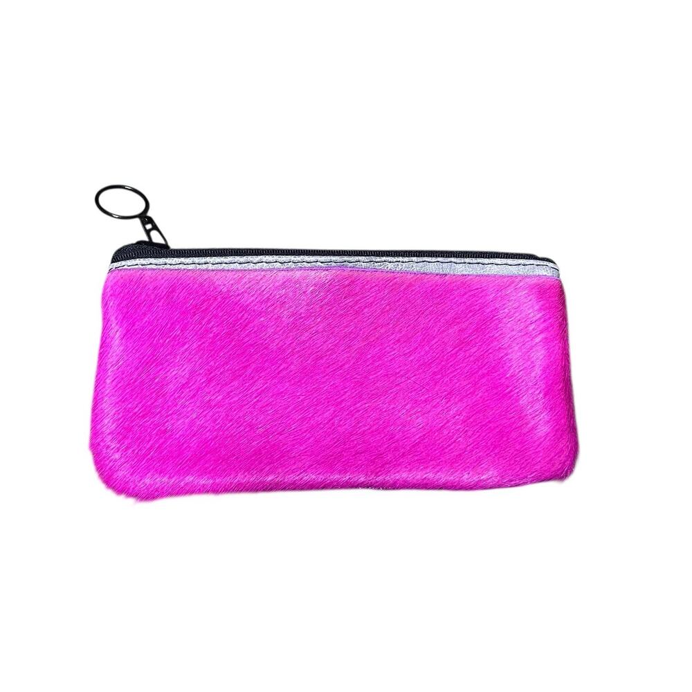 Lynn Tallerico Genuine Leather Hot Pink Hair on Hide Silver Zippered Pouch 8"